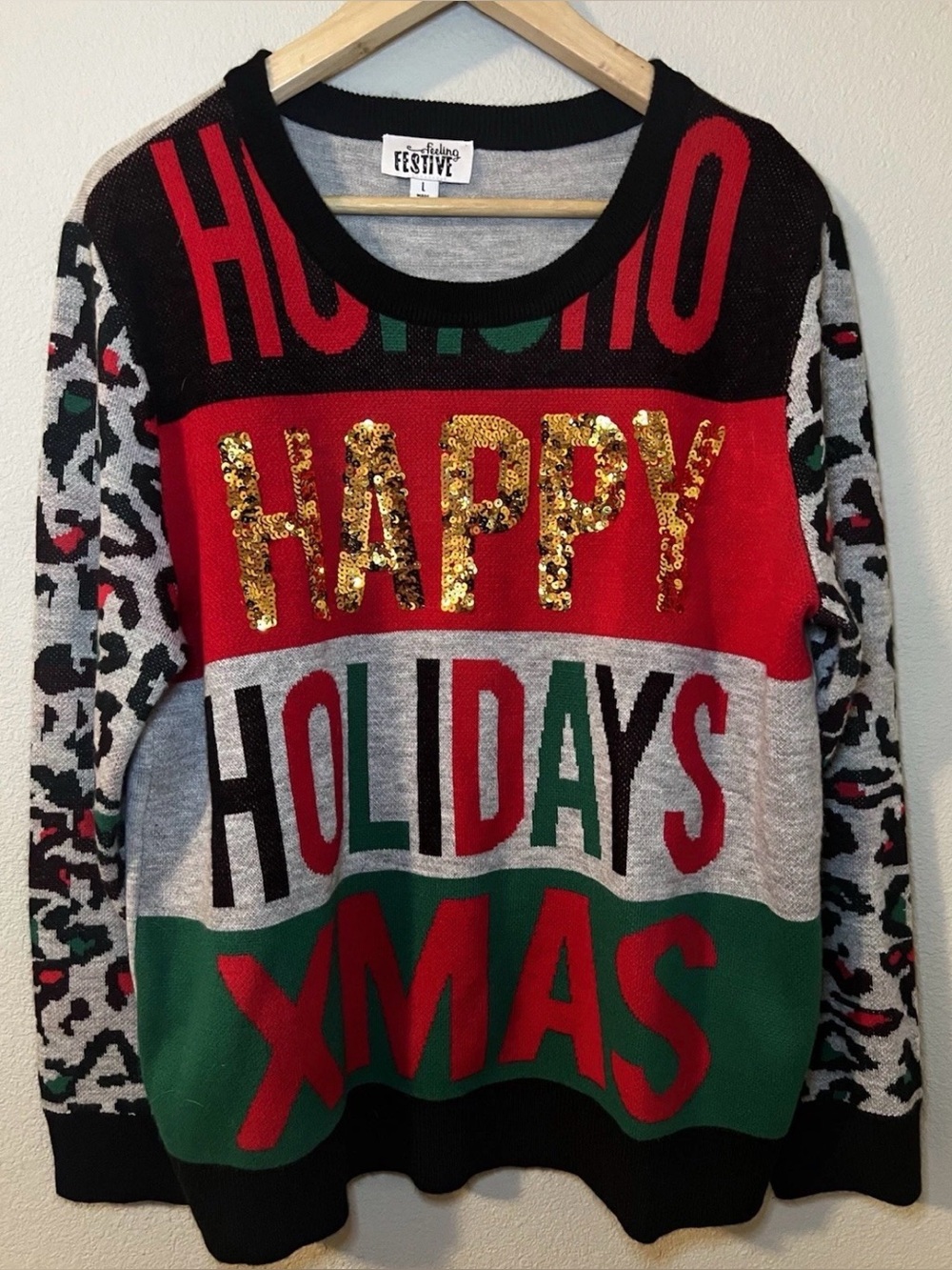 Feeling Festive Christmas Sweater Sze L w/Festive Sequins Holiday Office Party